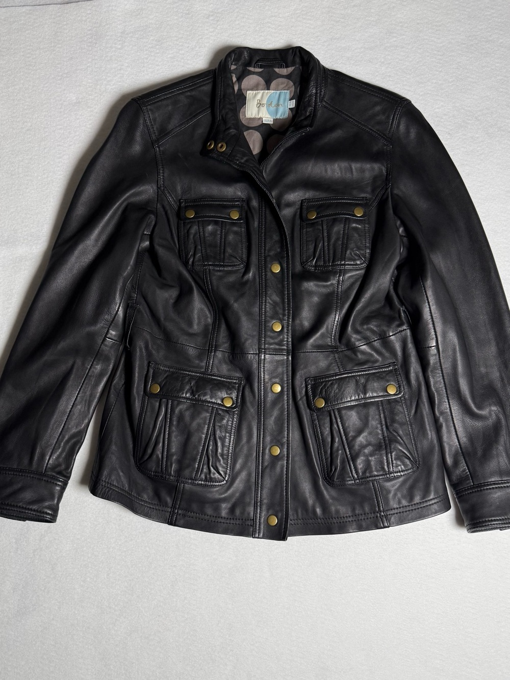 Boden Women’s Black Leather Field Jacket  Snap Front Utility Coat (No Belt)